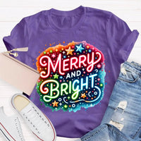 Colorful Retro Holiday Graphic Tee, Merry and Bright Tie Dye Christmas Shirt, Rainbow Xmas T-Shirt, Matching Holiday Outfit