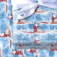 Watercolor Paddling Santa Gift Wrap, Kayaking Santa Wrapping Paper, Outdoor Sports Christmas Wrapping Paper, Festive Holiday Present Paper