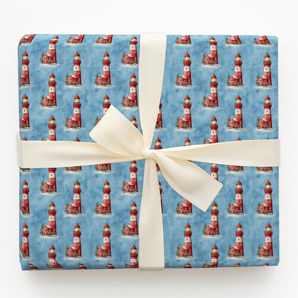 Coastal Winter Wrapping Paper, Lighthouse Christmas Wrapping Paper, Nautical Holiday Gift Wrap, Watercolor Seaside Gift Wrapp