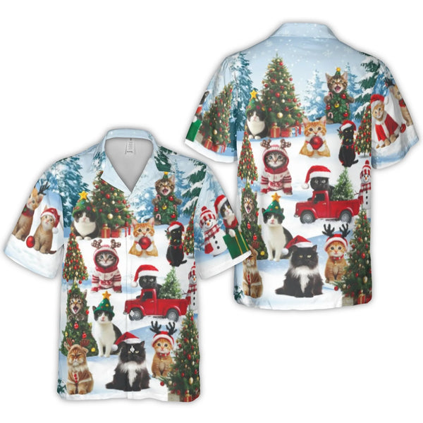 Santa Hat Kitten Aloha Shirt, Christmas Cat Hawaiian Shirt, Holiday Party Button Up Shirt, Festive Meowy Xmas Beach Shirt, Ca