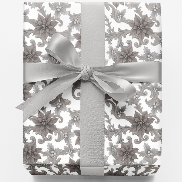 Poinsettia Floral Holiday Gift Wrap, Baroque Christmas Wrapping Paper, Elegant Vintage Xmas Wrapping Paper, Seasonal Gift Wra