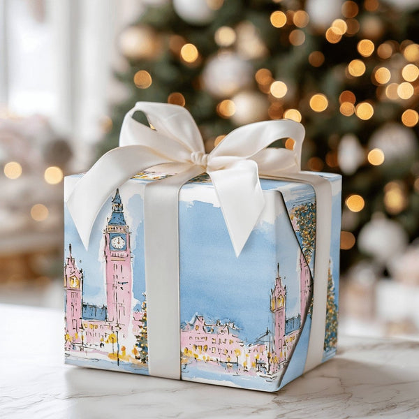 Watercolor Winter Cityscape Gift Wrap, London Big Ben Christmas Wrapping Paper, Festive London Holiday Wrapping Paper, Travel