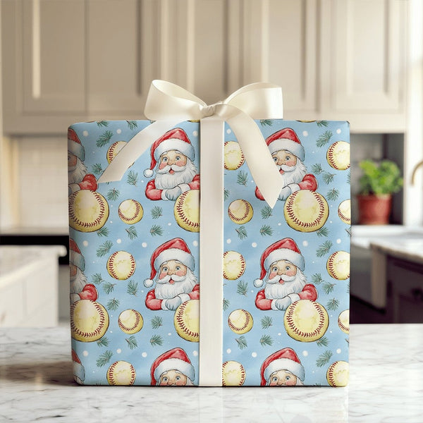 Sporty Holiday Gift Wrap, Santa Softball Christmas Wrapping Paper, Softball Coach Present Wrapping Paper, Winter Sports Fan G