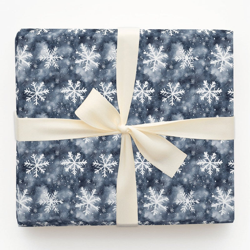 Deep Blue Night Sky Holiday Gift Wrap, Winter Snowflake Wrapping Paper, Watercolor White Snowflakes Wrapping Paper, Christmas Present Wrap