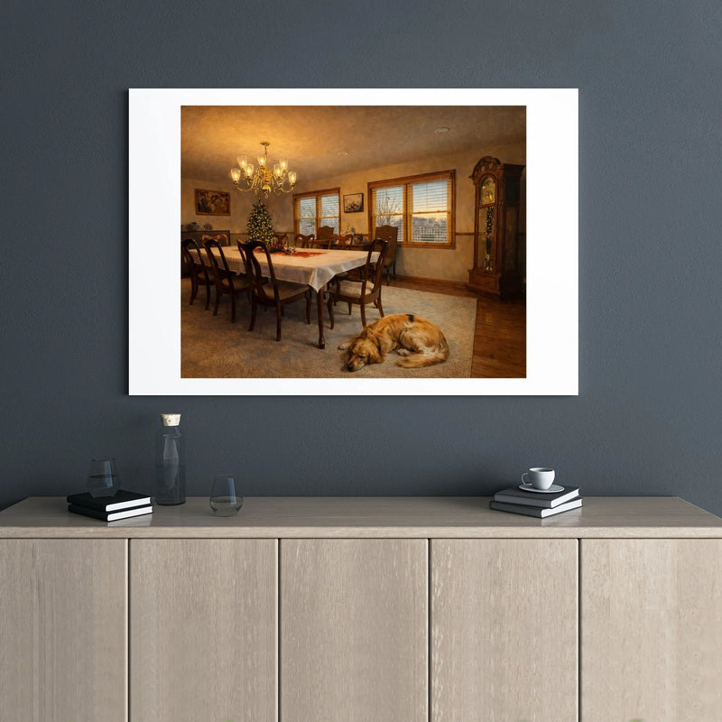 Comfy Holiday Dog Canvas Print, Golden Retriever Christmas Canvas Art, Festive Dining Room Canvas Wall Decor, Winter Puppy Art