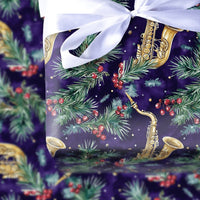 Jazz Music Holiday Gift Wrap, Saxophone Christmas Wrapping Paper, Musician Instrument Gift Wrap, Festive Pine Berry Gift Wrapping Paper