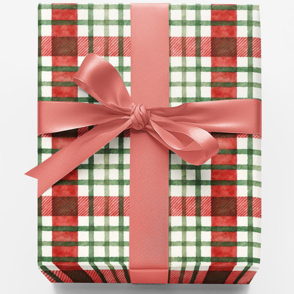 Watercolor Christmas Wrapping Paper Roll, Red and Green Plaid Wrapping Paper, Festive Holiday Gift Wrap, Winter Birthday Pres