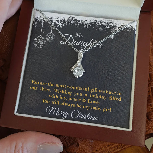 Sparkling Ribbon Pendant Necklace, Daughter Christmas Necklace, 14k White Gold Ribbon Necklace, Holiday Jewelry Present for D