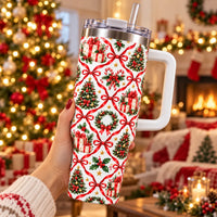 Wreath Candy Cane Holiday Tumbler, Red Bow Ribbon Lattice Christmas Tumbler, 40oz Insulated Christmas Travel Cup, Xmas Present for Her