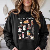 Festive Kitten Illustration Sweatshirt, 12 Cats of Christmas Hoodie, Adorable Cat Lover Holiday Pullover, Humorous Pet Owner Hooded Sweater Present