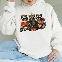 Adorable Holiday Forest Animal Sweatshirt, Christmas Raccoon Hoodie, Retro Winter Wildlife Graphic Hoodie, Festive Animal Lover Pullover Hoodie