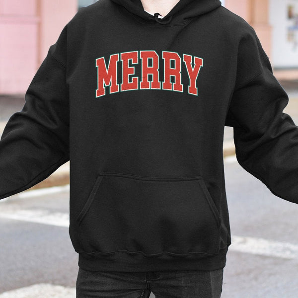 Retro Varsity Lettering Holiday Hooded Sweatshirt, Merry Christmas Hoodie, Vintage Aesthetic Xmas Pullover, Comfy Winter Swea