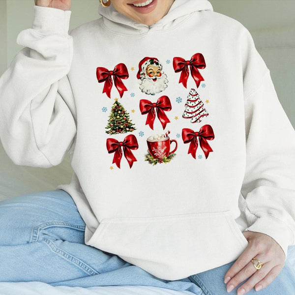 Santa Red Bow Holiday Hoodie, Vintage Santa Red Bow Christmas Hoodie, Vintage Christmas Hooded Sweatshirt, Comfy Xmas Present