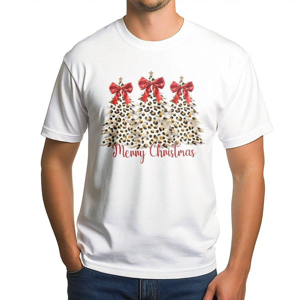 Festive Coquette Bow Tree T-Shirt, Leopard Christmas Tree Shirt, Adorable Holiday Graphic Tee, Leopard Print Xmas Shirt, Fami