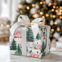 Watercolor Holiday Gift Wrap, Pastel Winter Village Christmas Wrapping Paper, Pink Green Christmas Tree Wrap, Comfy Snowy Village Present Paper