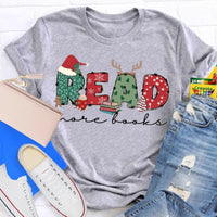 Bookish Holiday Shirt, Read More Books Christmas Teacher T-Shirt, Literary Book Lover Christmas Graphic Tee, Reader Teacher Present