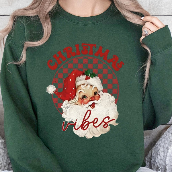Checkered Santa Claus Crewneck, Retro Christmas Vibes Sweatshirt, Vintage Holiday Groovy Sweater, Comfy Adorable Xmas Graphic