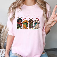 Festive Wiener Dog Holiday Graphic Tee, Dachshund Christmas T-Shirt, Adorable Xmas Dog Lover T-Shirt, Humorous Winter Animal Graphic Top