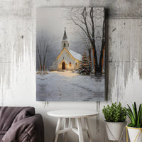 Snowy Lit Tree Holiday Wall Art, Winter Christmas Church Canvas Print, Rustic Country Church Scene, Festive Canvas Decor