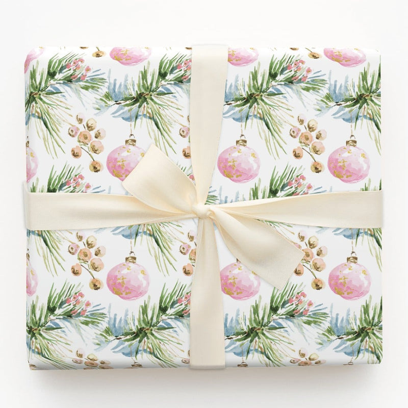 Watercolor Ornament Holiday Gift Wrap, Pink Christmas Wrapping Paper, Pine and Berry Wrapping Paper, Elegant Winter Wrapping Paper Roll