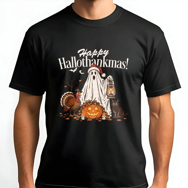 Ghost Santa Hat Thanksgiving Tee, Happy Hallothankmas Shirt, Hallothankmas Halloween Christmas Mashup T-Shirt, Turkey Pumpkin Cat Shirt