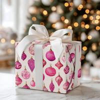 Watercolor Ornament Gift Wrap, Pink and Gold Christmas Wrapping Paper, Holiday Baubles Wrapping Paper, Xmas Gift Wrap, Festive Present Paper