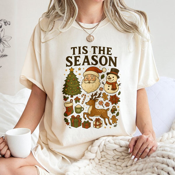 Tis the Season Holiday T-Shirt, Retro Santa Snowman Christmas Shirt, Vintage Winter Graphic Tee, Adorable Christmas Tee, Pres
