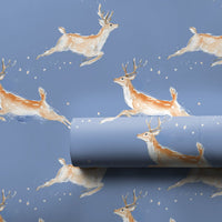 Leaping Deer Holiday Gift Wrap, Watercolor Reindeer Wrapping Paper, Starry Blue Winter Paper, Whimsical Christmas Wrapping Paper Roll