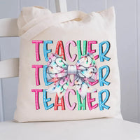 Festive Red Bow Canvas Tote Bag, Teacher Christmas Tote Bag, Adorable Holiday Educator Shoulder Bag, Winter School Book Bag, Xmas Present for Her