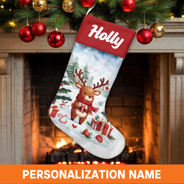 Snow Scene Winter Holiday Stocking, Adorable Reindeer Christmas Stocking, Personalized Christmas Stocking, Kids Family Mantle