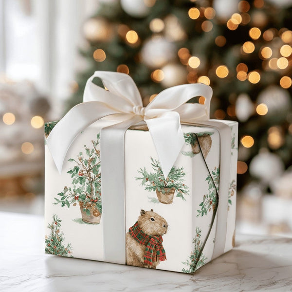 Plaid Scarf Wrapping Paper, Capybara Christmas Wrapping Paper, Adorable Animal Holiday Gift Wrap, Festive Watercolor Capybara