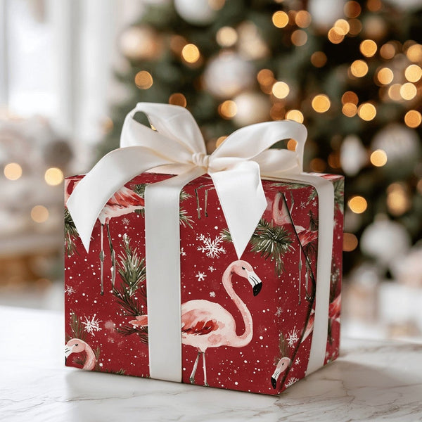 Red Snowy Flamingo Gift Wrap, Tropical Christmas Wrapping Paper, Pink Flamingo Holiday Wrapping Paper, Festive Seasonal Prese