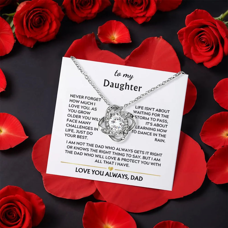CZ Crystal Pendant, To My Daughter Love Knot Necklace, Gold Finish Jewelry, Birthday Christmas Present for Daughter from Dad