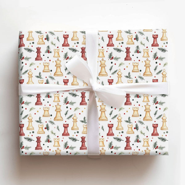 Watercolor Chess Pieces Gift Wrap, Christmas Chess Wrapping Paper, Holiday Pine Holly Wrapping Paper, Board Game Lover Gift W