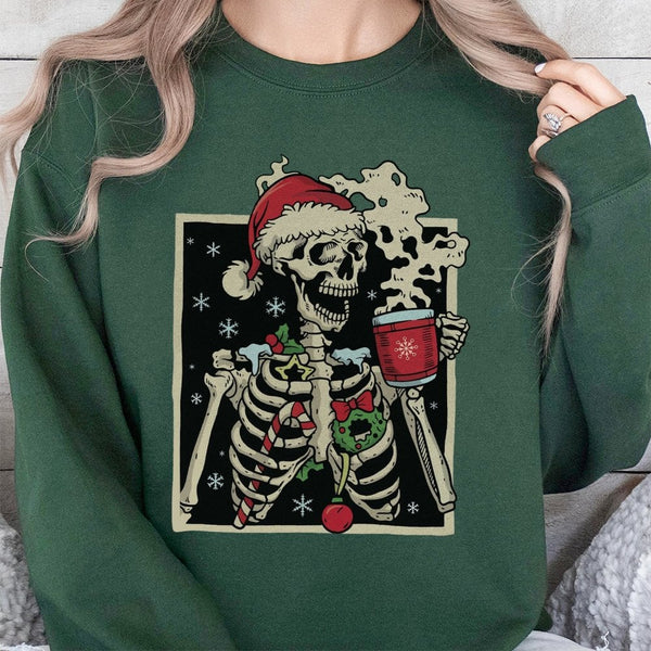 Dead Inside Coffee Holiday Sweater, Christmas Skeleton Sweatshirt, Retro Skeleton Christmas Crewneck, Humorous Xmas Pullover,