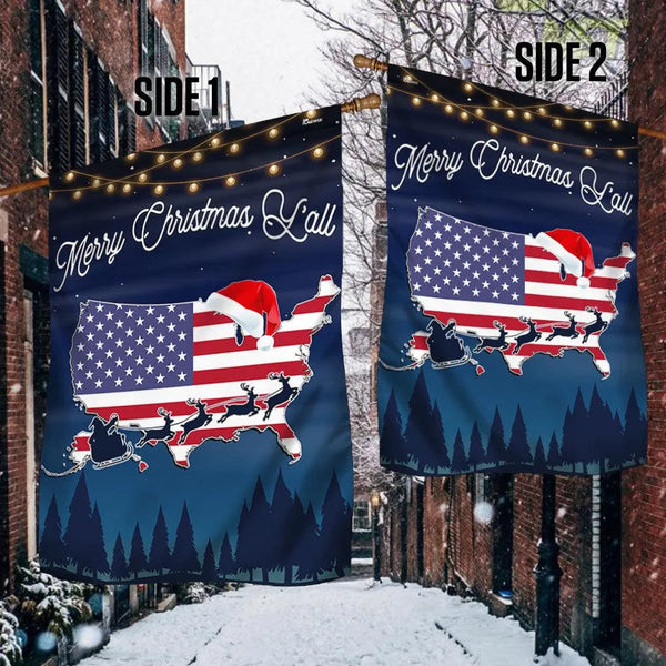 Patriotic American Flag USA Map Yard Flag, Merry Christmas Y'all Garden Flag, Southern Holiday Lawn Banner, Winter Xmas Decor