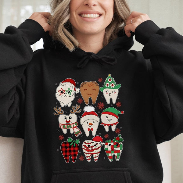 Adorable Holiday Tooth Hooded Sweatshirt, Christmas Dental Hoodie, Dentist Hygienist Xmas Pullover, Dental Office Crewneck Pr