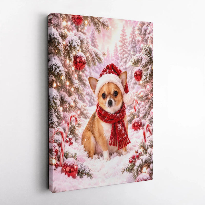 Santa Hat Chihuahua Wall Art, Christmas Chihuahua Canvas, Snowy Holiday Dog Print, Adorable Chihuahua Christmas Decor, Dog Lover Present Canvas