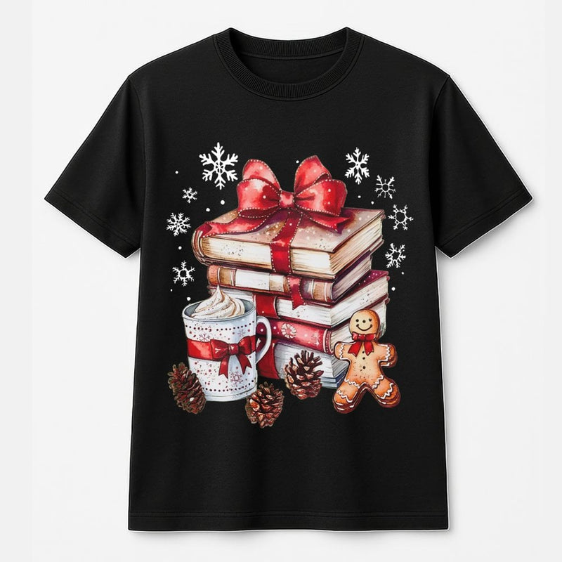 Holiday Book Stack Graphic T-Shirt, Christmas Book Lover T-Shirt, Gingerbread Coffee Reader T-Shirt, Comfy Bookish Christmas Tee Present