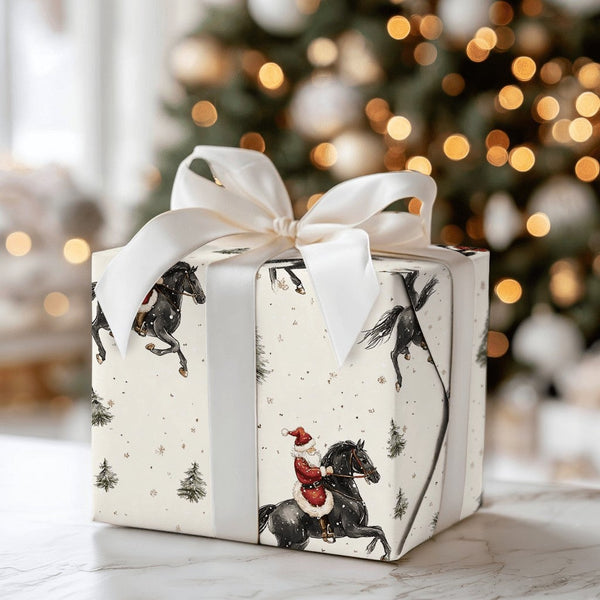 Watercolor Winter Horse Gift Wrap, Equestrian Santa Horse Wrapping Paper, Festive Country Christmas Paper, Holiday Gift Wrapp