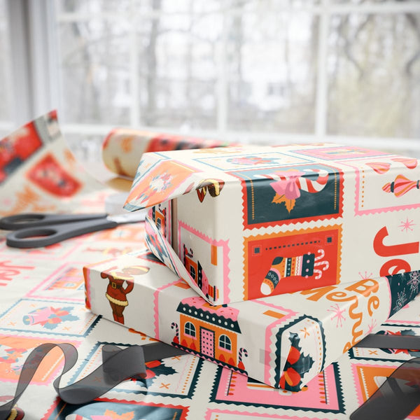 Retro Stamp Christmas Gift Wrap Roll, Black Santa Girl Wrapping Paper, Melanin Santa Holiday Wrapping Paper, Festive Present 