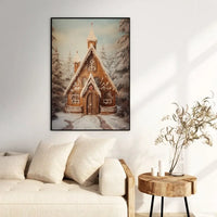 Whimsical Winter Forest Scene Poster, Gingerbread Church Wall Art, Comfy Christmas Village Print, Festive Holiday Decor Poster Present