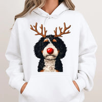 Reindeer Dog Holiday Hoodie, Bernadoodle Christmas Hoodie, Bernedoodle Sweatshirt, Adorable Dog Lover Graphic Hoodie, Present for Dog Mom and Dad