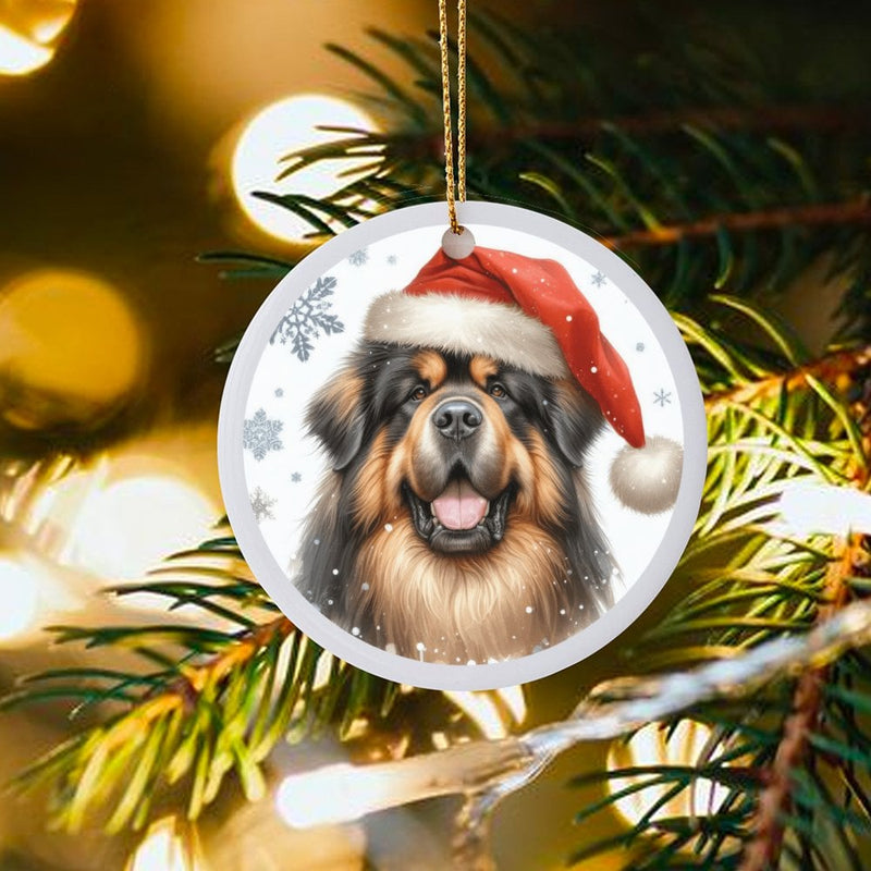 Santa Hat Dog Ornament, Tibetan Mastiff Christmas Ornament, Adorable Puppy Ceramic Ornament, Pet Lover Holiday Tree Decoration Present