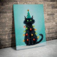 Holiday Cat in Lights Print, Black Cat Christmas Tree Wall Art Digital Download, Whimsical Christmas Cat Poster, Festive Animal Wall Art