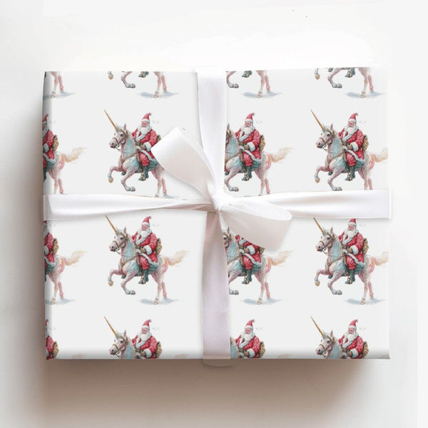 Whimsical Santa Claus Holiday Gift Wrap, Santa Riding Unicorn Wrapping Paper, Fantasy Christmas Wrapping Paper, Magical Xmas 