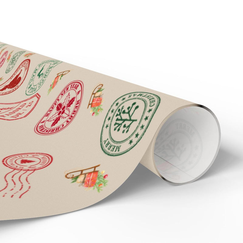 Festive Postal Stamp Holiday Gift Wrap, Vintage Christmas Wrapping Paper, Retro Postage Wrapping Paper Roll, Xmas Gift Wrap Paper Roll