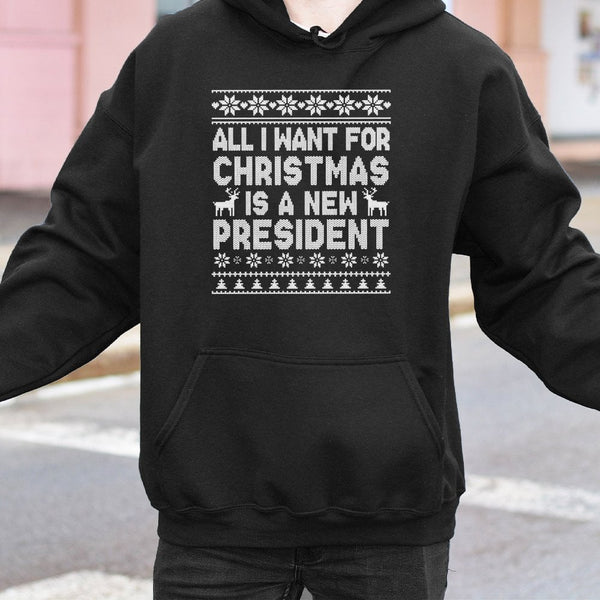 Humorous Political Ugly Sweater Hoodie, All I Want for Christmas Is a New President Hoodie, Retro Holiday Sweatshirt, Activis