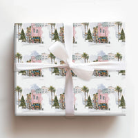 Tropical Palm Tree Gift Wrap, Coastal Christmas Wrapping Paper, Watercolor Cityscape Wrapping Paper, Warm Holiday Season Wrapping Paper