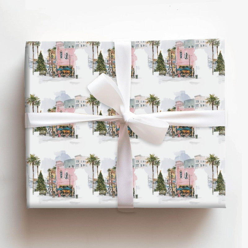 Tropical Palm Tree Gift Wrap, Coastal Christmas Wrapping Paper, Watercolor Cityscape Wrapping Paper, Warm Holiday Season Wrapping Paper